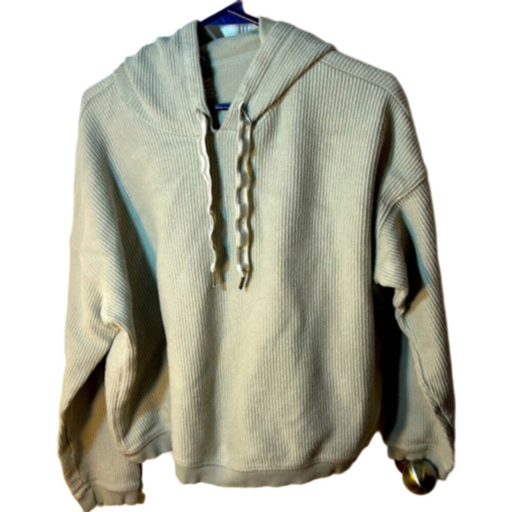 Aerie Gray Ribbed Pullover Hoodie Large - Picture 2 of 8